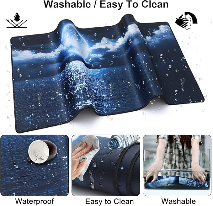 Mouse Pad + Desk Mat + Keyboard Wrist Rest + Coaster 4 in 1 Set Cute Ergonomic Large Gaming Mousepad with Wrist Rest Support Desk Pad for Computer Laptop Office Home Decor-Moon Ocean
