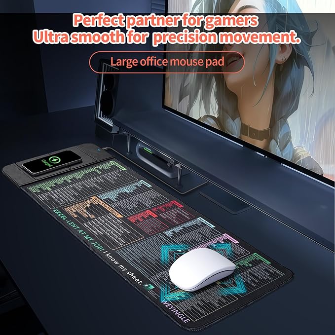 Excel Shortcut Keys with Wireless Charging Phone Holder Gaming Mousepad Desk Mat 15W Qi Smooth Surface Non-Slip Extended Computer Keyboard Mat for MacBook PC Laptop
