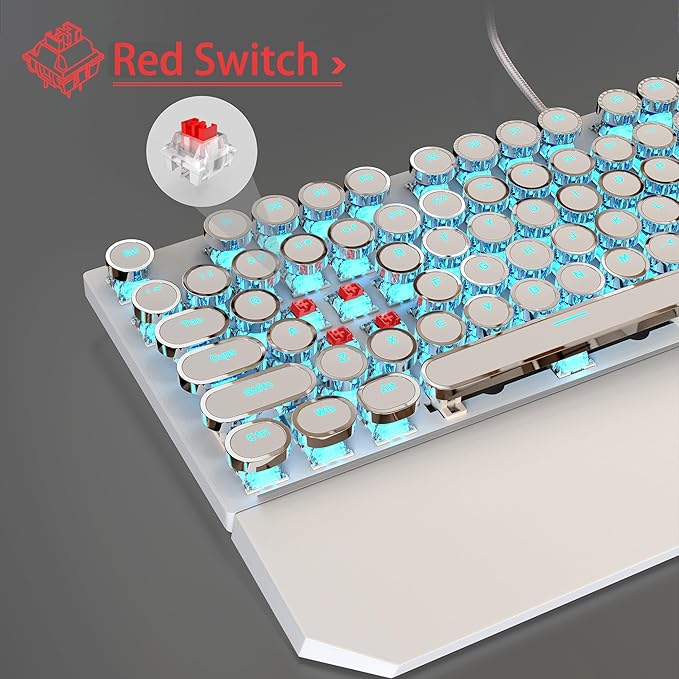 Typewriter Mechanical Gaming Keyboard and Mouse Combo Retro Punk Round Keycaps RGB Rainbow Backlit Wired Keyboard for Game and Office for Windows Laptop PC Red Switches(White)