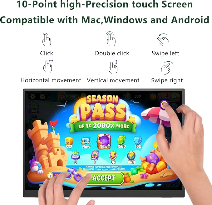 Portable Monitor Touchscreen 14” 1920 * 1200P Gaming DisplayBuilt-in Stand Speakers HDR IPS External Monitor for Laptop PortableTravel Monitors for Laptop Mac PC Phone PS4/5 Xbox Switch