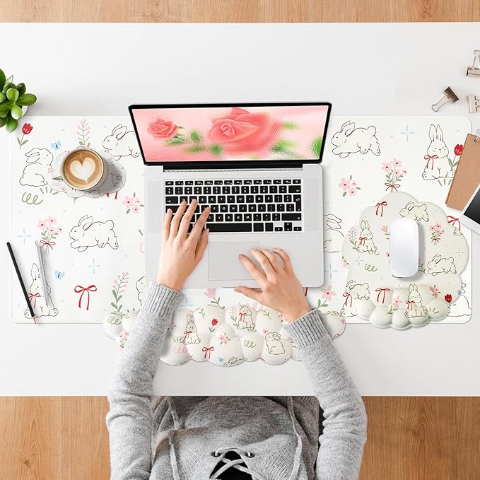Conmputer Desk Mat Set 4 in 1 Cloud-Shaped Ergonomic Wrist Rest Set Mouse Pad with Non-Slip Base Memory Foam Silicone Lining Keyboard Wrist Rest Computers Offices Gaming Cute White Bunny