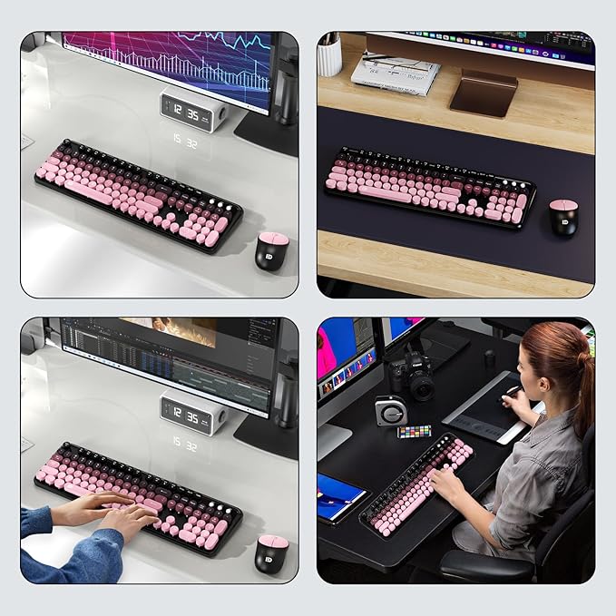 Wireless Keyboard and Mouse Combo 2.4 GHz Wireless Full-Sized Typewriter Keyboard with Round Keycaps for Windows Computer Desktop PC Laptop (Pink)