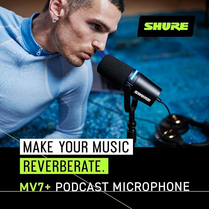 Shure MV7+ Podcast Dynamic Microphone with Stand – OBS Certified Enhanced Audio LED Panel USB-C &amp XLR Outputs Auto Level Mode Digital Pop Filter – for Podcasting Streaming and Recording Bl