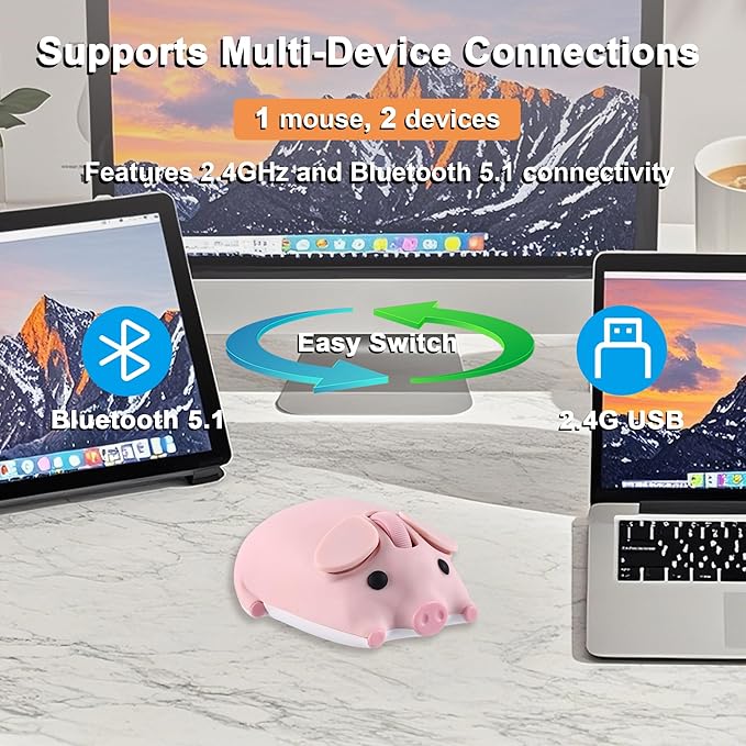 Wireless Bluetooth Mouse Cute Animal Pig Shape 2.4G &amp Bluetooth Dual Mode Computer Mice with USB Receiver Portable Compact 1200DPI Optical Cordless Mouse for Laptop iPad PC Chromebook Kids Gift (P