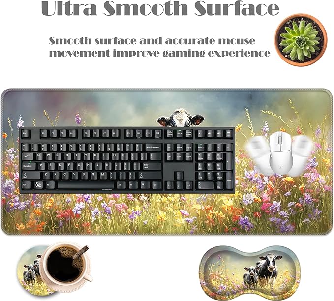Ergonomic Keyboard Wrist Rest &amp Mouse Pad Wrist Rest SetXL Gaming Desk Mat 31.5x 11.8Non-Slip BaseMemory FoamEasy Typing Pain Relief for Office &amp HomeCows in Colorful Flower Field