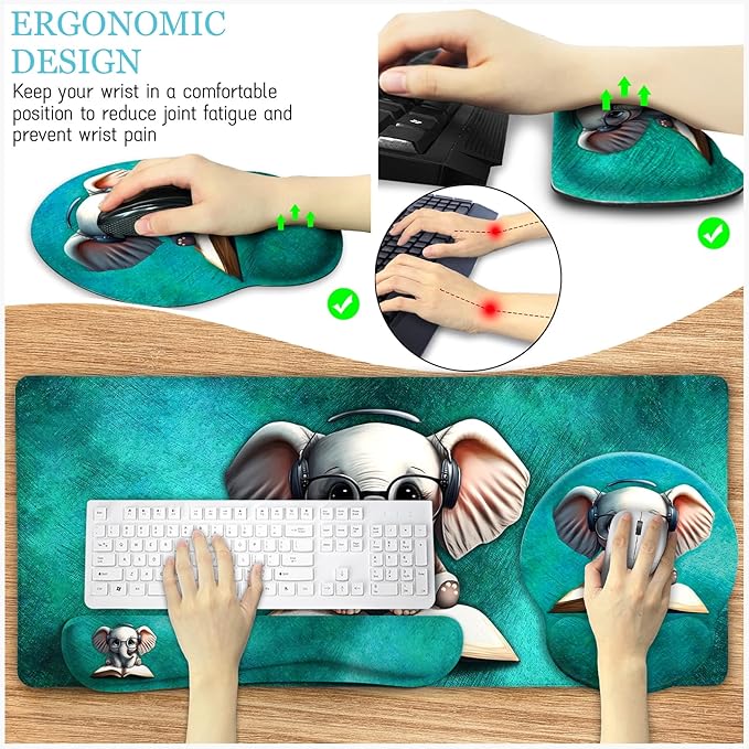 Desk Mat Pad Large Gaming Mouse Pad with Wrist Rest Wrist Support Ergonomic Mouse Pad Keyboard Mat Wrist Rest Cup Coaster Home Office Desk Accessories Decor Supplies Cute Elephant