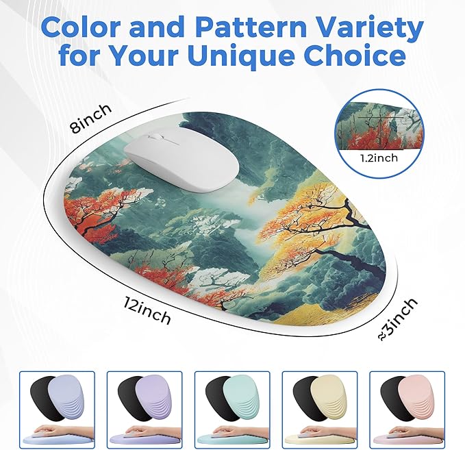 Ergonomic Mouse Pad with Wrist Support Memory Foam Wrist Rest for Pain Relief &amp Carpal Tunnel Non-Slip Base for Office Computer PC Laptop (12x8x1.2inch Japanese Forest)