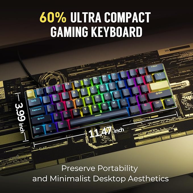 RK ROYAL KLUDGE C61 HE Gaming Keyboard 60% Wired Mechanical Keyboard with Hall Effect Magnetic Switch 8000Hz Polling Rate Rapid Trigger RGB Backlit 61 Keys Black Yellow