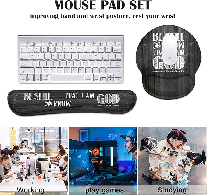Keyboard Wrist Rest and Mouse Pad Wrist Support Set with Coasters Ergonomic Gaming Mousepad Non-Slip PU Base for Home Office Working Studying Easy Typing &amp Pain Relief - Bible Verse Psalm 46:10
