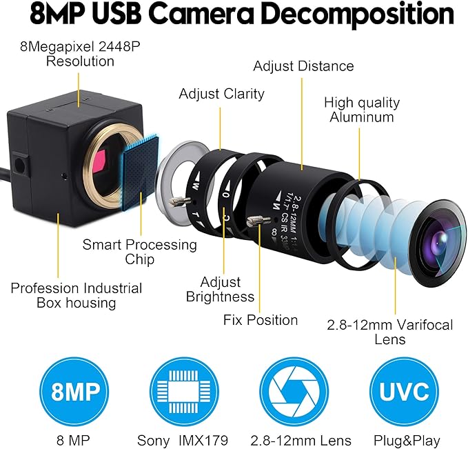 8MP USB Camera Manual Focus Webcam with 2.8-12mm Varifocal Lens UHD 3264×2448 IMX179 Sensor Supports OPENCV Windows/Linux/Android/Raspberry Pi for Machine Vision