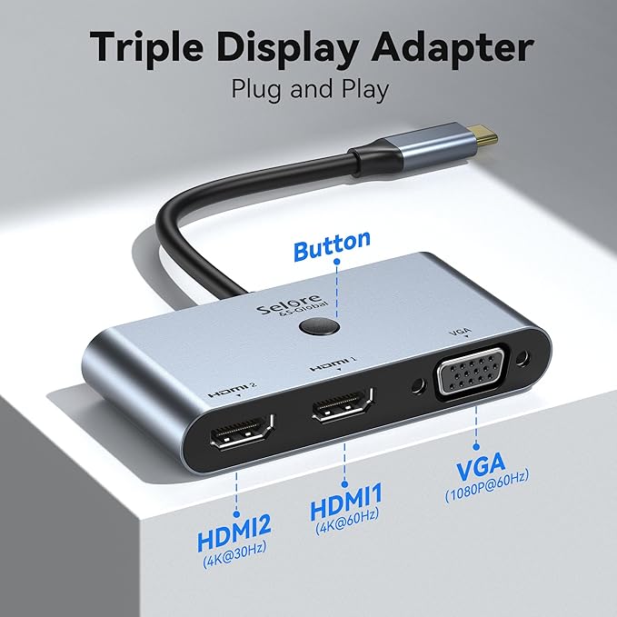 Selore USB C Docking Station 3 Monitors USB C to Dual HDMI VGA Adapter with One-Touch Multi-Screen Switch and Screen On/Off Button HDMI Splitter Converter for Dell HP LenovoMacBook Pro/Air etc