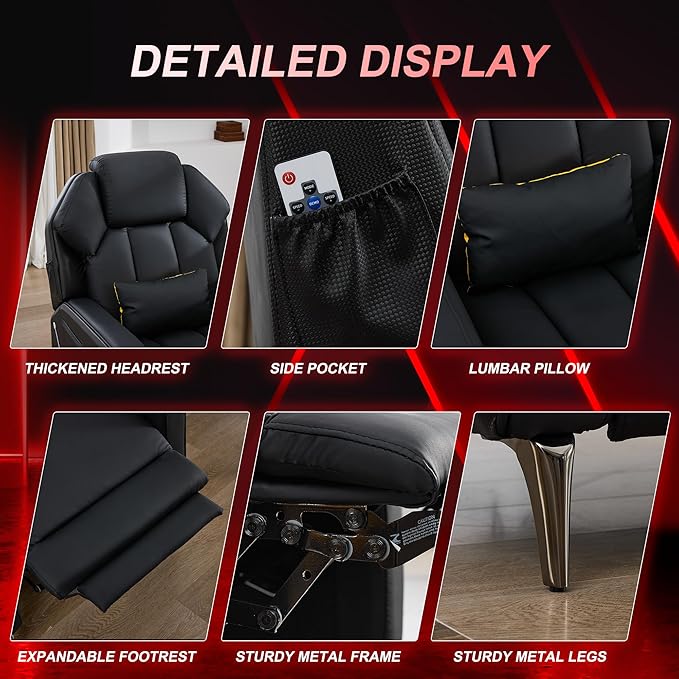 URRED Gaming Recliner Chair with LED Lights Ergonomic Video Game Reclining Chair with Footrest Lumbar Pillow Side Pocket Home Theater Recliner for Living Room Bedroom Gaming Room (Black)