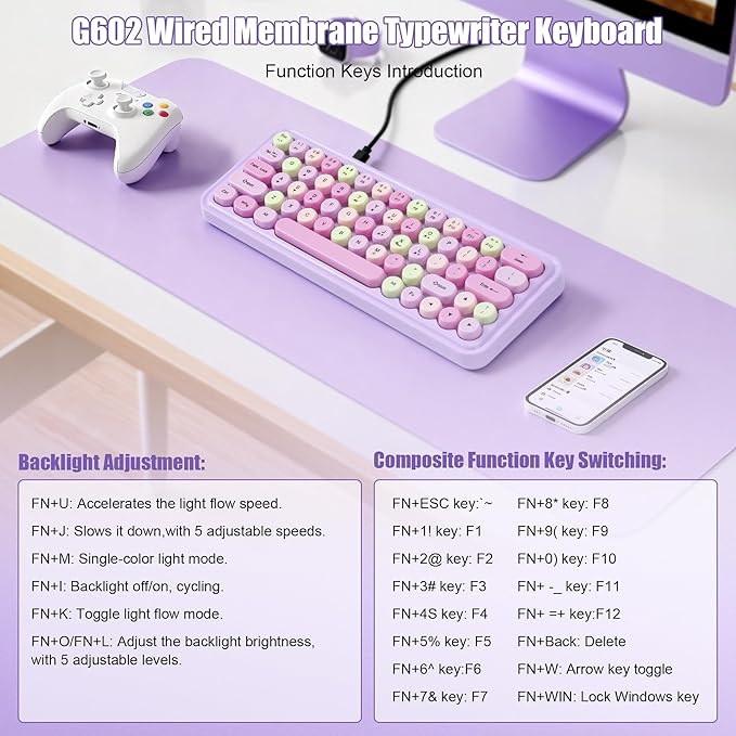 Wired RGB Creamy Typewriter Keyboard. 65 Percent Retro LED Membrance Gaming Keyboard. Small Ergonomic Optical Teclado with ABS Backlit Unreplaceable Round Keycaps. for Laptop and Office PC. (Green)