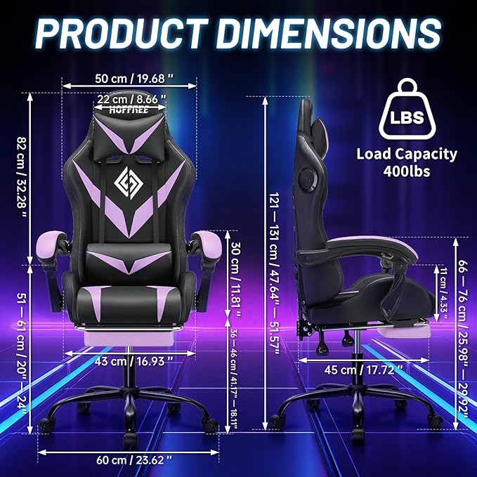 HOFFREE Gaming Chair Massage with Bluetooth Speakers and Led Lights Ergonomic Computer Gaming Chair with Footrest RGB Video Game Chair with High Back Lumbar Support Purple and Black