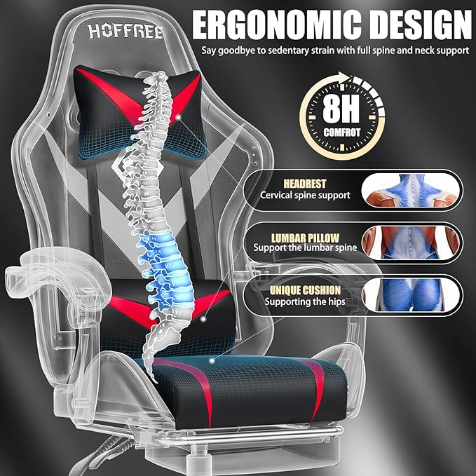 Gaming Chair with Massage Ergonomic Computer Chair with Footrest and Lumbar Support Reclining PC Game Chair for Boys with Adjustable Armrest and Headrest Red