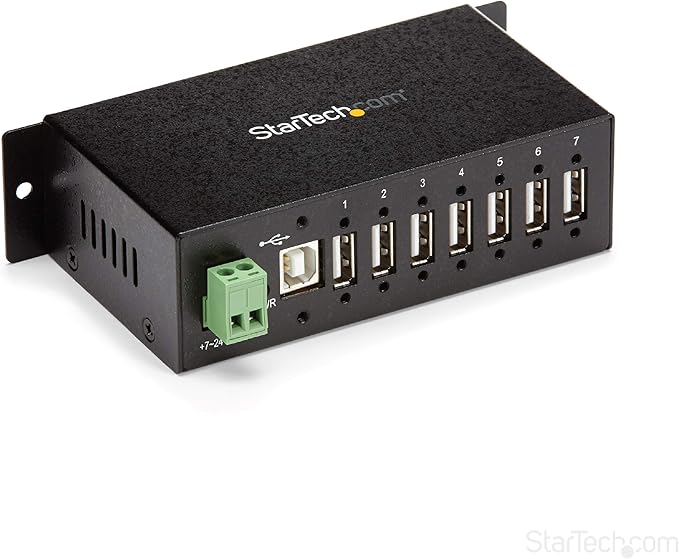 StarTech.com 7-Port USB 2.0 Hub - Metal Industrial USB-A Hub with ESD Protection &amp 350W Surge Protection - Din Rail Wall or Desk Mountable - TAA Compliant USB Expander Hub (ST7200USBM)