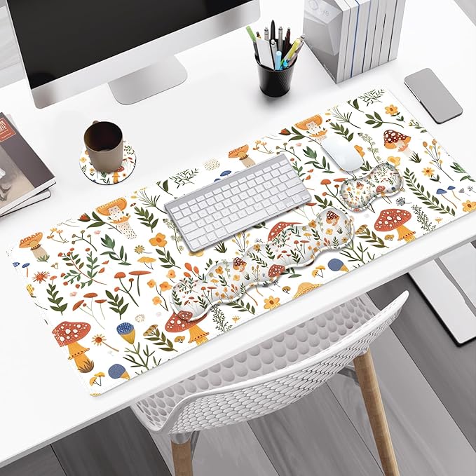 Desk Mat Gaming Mouse Pad Cute Keyboard Wrist Rest Anti-Slip XXL Mouse Pad with Stitched Edges Mushroom Plant Leaf Theme