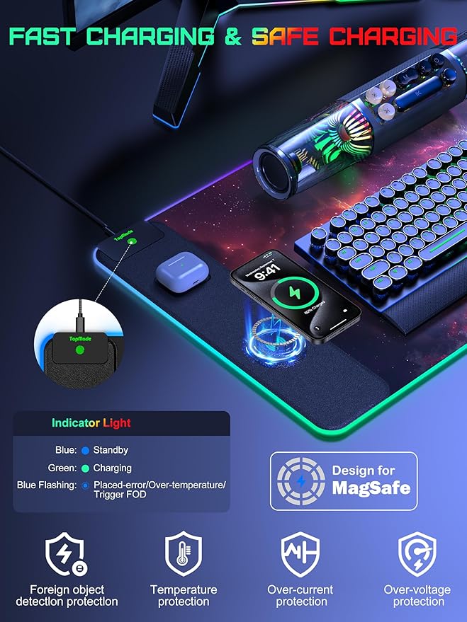 TopMade Wireless Charging Mouse Pad RGB Gaming Mousepad Home Office Desk Pad 31.5” x 15.8” Large Desk Mat Waterproof Keyboard Pad Galaxy Nebula (Includes 20W PD Power Adapter &amp 6.56ft Woven Ca