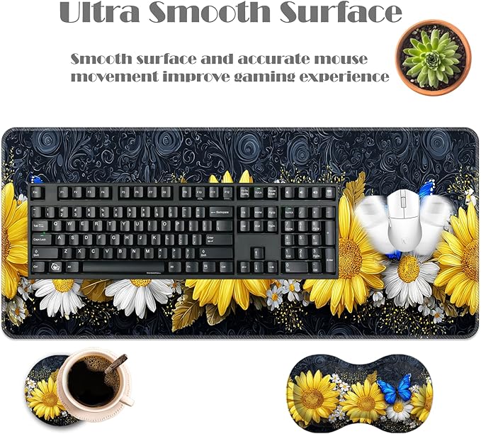 Ergonomic Keyboard Wrist Rest &amp Mouse Pad Wrist Rest SetXL Gaming Desk Mat 31.5x 11.8Non-Slip BaseMemory FoamEasy Typing Pain Relief for Office &amp HomeSunflower Daisy