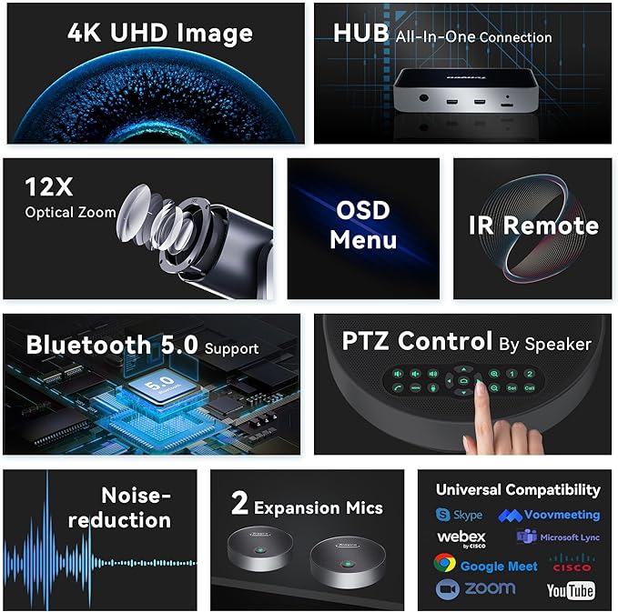 Tenveo 4K PTZ Conference Room Camera System AI Auto-Tracking 12X Optical Zoom USB3.0 HDMI PTZ Camera and Bluetooth Speakerphone with 2 Expansion Mics Kit Wide Angle for Large Room Meetings