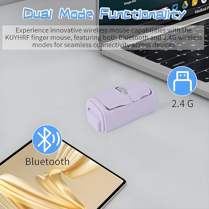 Mini Bluetooth Wireless Mouse Dual-Mode Lazy Finger Ring Mouse - Rotatable Horizontal &amp Vertical Use Multi-System Compatible Ultra Long Battery Life for Laptops PCs and Tablets (Purple)