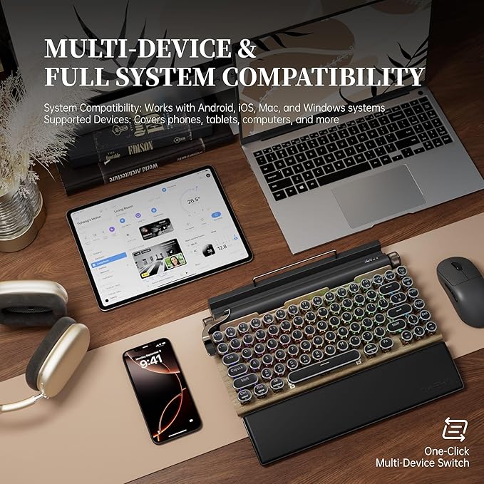 7KEYS Typewriter Keyboard Wireless Retro Style Vintage Classical Mechanical Keyboard with Bluetooth for IPAD PC/Laptop Mac/Phone (Wood+Wrist)