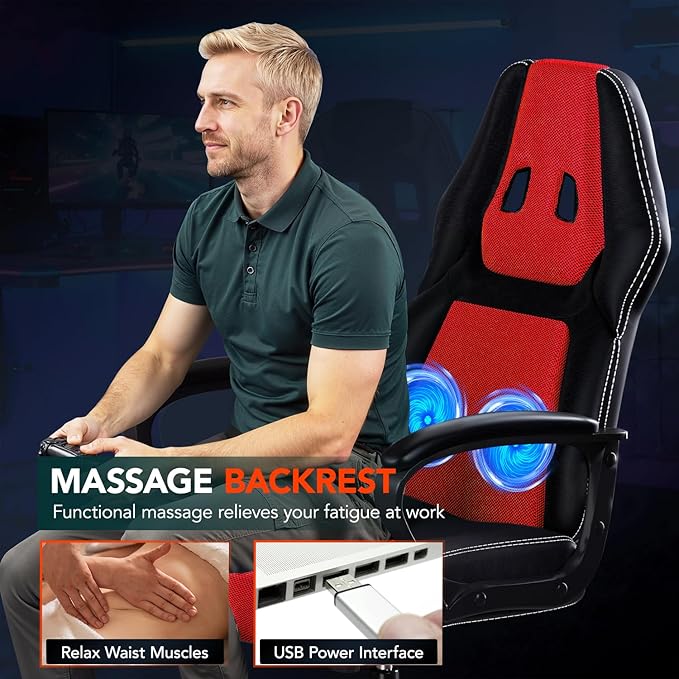 BestOffice Gaming Chair with Massage Ergonomic Office Desk Chair Adjustable Lumbar Support &amp HeadrestComputer Task Chair 360° Swivel for Adults (Red)