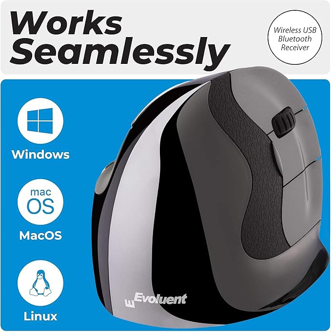 Evoluent – Inventor of The Vertical Mouse – VMDLW Ergonomic Vertical Mouse Right Hand Large USB Wireless Sculpted for Comfort Reduces Wrist Strain 4 Speeds 6 Customizable Buttons in Windows