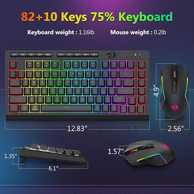 Redragon Wireless Gaming Keyboard and Mouse Combo Bluetooth/2.4G/USB-C Wired RGB Backlit 75% Portable Quiet Rechargeable Macro Membrane Keyboard &amp 12800 DPI Mouse with Software for Win/MAC
