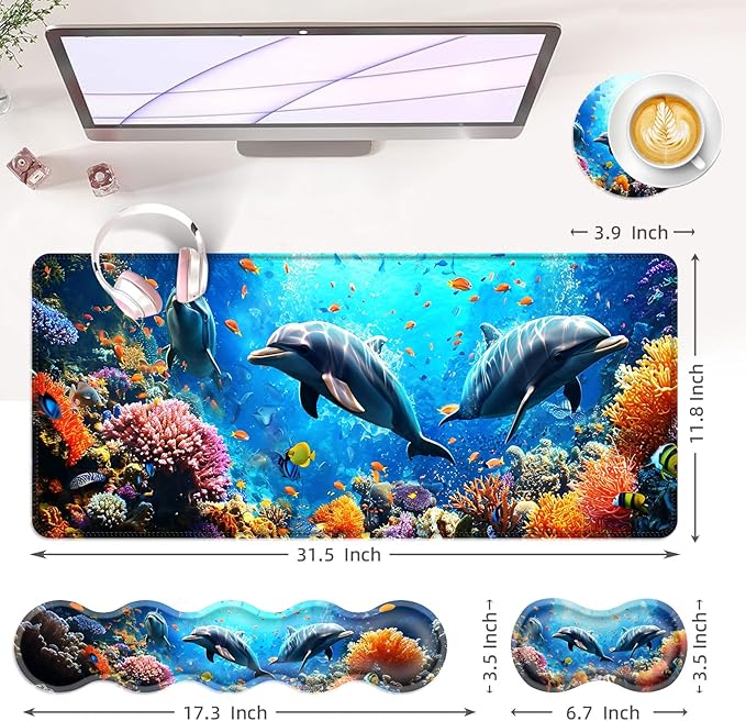 Large Keyboard Mouse Pad Set Extended Mouse Pad+Keyboard Wrist Rest Support Memory Foam Ergonomic Easy Typing 4Pcs (31.5×11.8 in) Desk Pad Set for Office HomeUnderwater Dolphin Scene