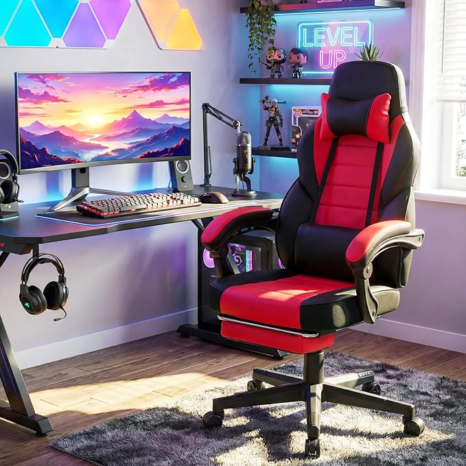 Giantex Gaming Chair Ergonomic Video Game Chair w/Footrest Lumbar Support Headrest Reclining Backrest &amp Linkage Armrests Height Adjustable 360° Swivel Computer Desk Chair for Home Office (Red
