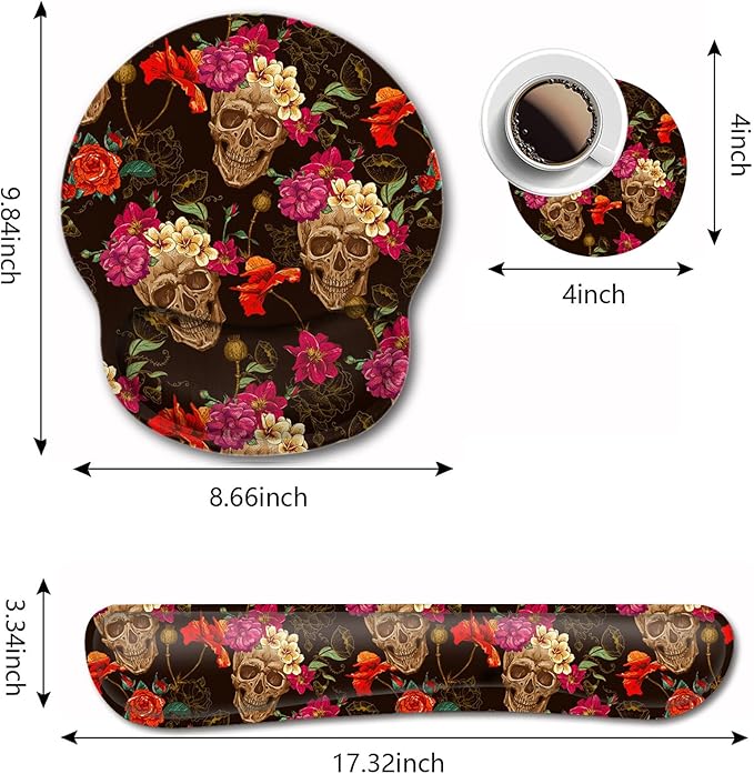 Gel Mouse Pad Wrist Support and Memory Foam Keyboard Wrist Rest in Office Accessories Set for Office Computer LaptopComfortable Lightweight for Easy Typing Pain ReliefRose Flower Skull Desk pad