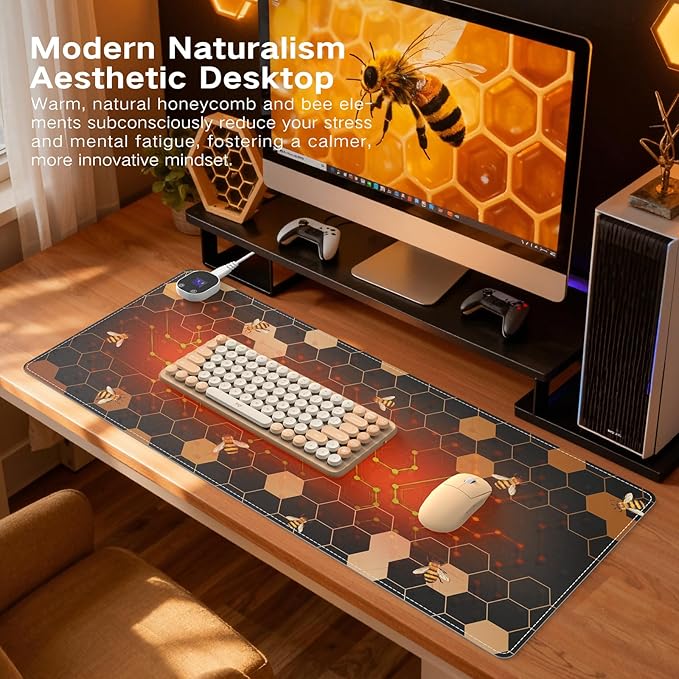 iCasso Heated Desk Pad XXL Heated Mouse Pad Hand Warmer 35.4 x 15.7 Warm Desk Protector Mat with 4 Heating Levels for Computer Keyboard Large Mousepad for Home Office Work (Honeycomb)