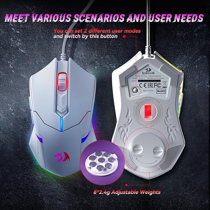 Redragon Updated Programmable Gaming Keyboard and Mouse RGB Backlit Keyboard Mouse with Software Independent Macro Record Keys Value Combo Set White - S101-3 PRO
