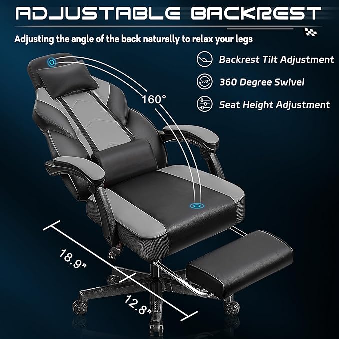 Meilocar Gaming Chair for Adult Computer Chair with Footrest Video Game Chair Big and Tall Gaming Chair with Massage Lumbar Support Adjustable Height and 360° Swivel Seat(Grey)