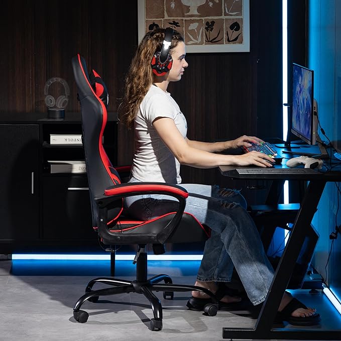 Gaming Chair PU Leather Massage PC Video Game Chair with Lumbar Support for Men Women Home Office Height Adjustable Ergonomic High Back Red