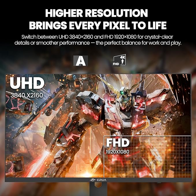 CRUA 27” 4K Gaming Monitor UHD 3840x2160 160Hz IPS Screen Height/Pivot/Swivel/Tilt Adjustable Vertical Monitor Support AMD FreeSync Built-in Speakers 120% sRGB PIP/PBP HDMI 2.1 &amp DP 1.4-Bla