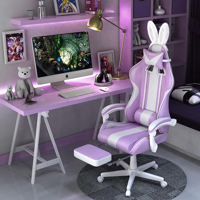 Ferghana Kawaii Light Purple Gaming Chair with Bunny Ears Ergonomic Cute Gamer Chair with Footrest and Massage Racing Reclining Leather Computer Game Chair 250lbs for Girls Adults Teens Kids