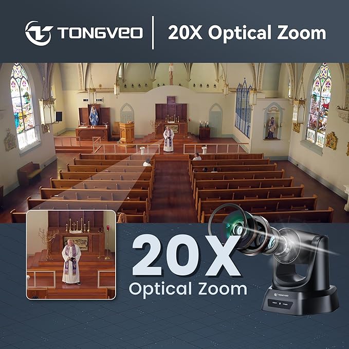 TONGVEO Conference Room PTZ Camera System with 20X Optical Zoom AI Auto Tracking 1080P 60fps HDMI USB Webcam for Church Streaming Online Video ConferenceCompatible with Zoom OBS Easy Setup
