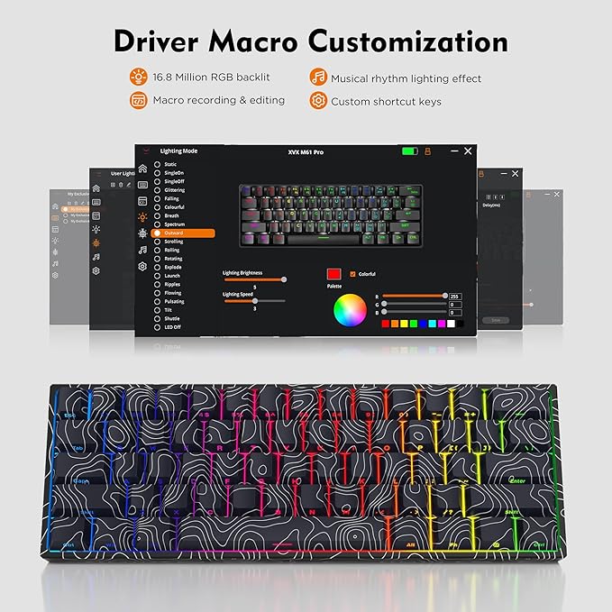 HITIME 60% Percent Keyboard Topographic Theme Keyboard XVX M61 Pro Bluetooth/2.4GHz/USB-C Wireless Mechanical Gaming Key Board Hot Swappable Creamy Pre-lubed Switch RGB