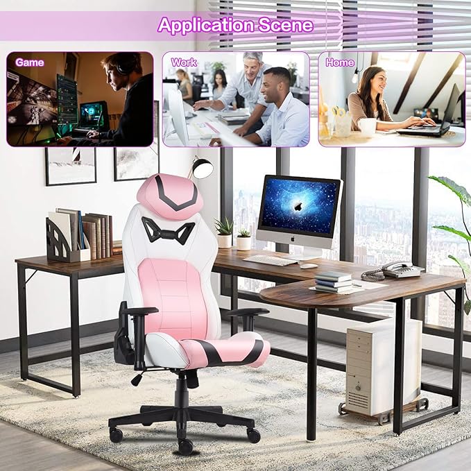 Modern-Depo Ergonomic Gaming Chairs for Adults with High-Density Memory Foam | Swivel Comfortable Office Chair Big and Tall Video Game Chair High Back Computer Chair for Home Office Pink White