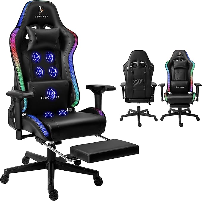 TBQATNTS Gaming Chair with Massage and SpeakersErgonomic Video Gaming Chair with Footrest and Lumbar SupportRGB Racing Gaming Chair Computer Chair for Adults and Teens 400lb.Black