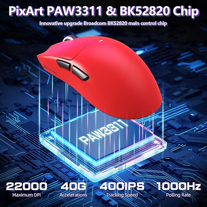 MAMBASNAKE Attack Shark X11SE Lightweight Wireless Gaming Mouse Tri-Mode 2.4G/USB-C Wired/BT 22K DPI PAW3311 Optical Sensor 59g 5 Programmable Buttons 300mAh Battery for PC/Mac(Red)