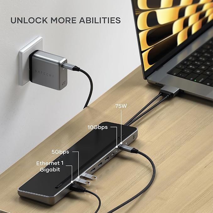 Satechi Dual USB C Docking Station and Stand with Dual 4K HDMI Display Port 75W USB-C PD Charging 2 USBC Data 2 USB-A Ethernet SATA and NVMe SSD Enclosure for MacBook and Windows