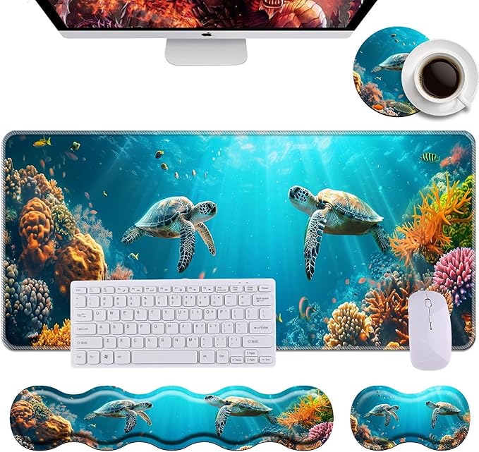 Keyboard Wrist Rest+Mouse Wrist Pad+Desk Pad SetMemory Foam Ergonomic Easy Typing Pain Relief for Computer Laptop Office Home - Cute Turtle