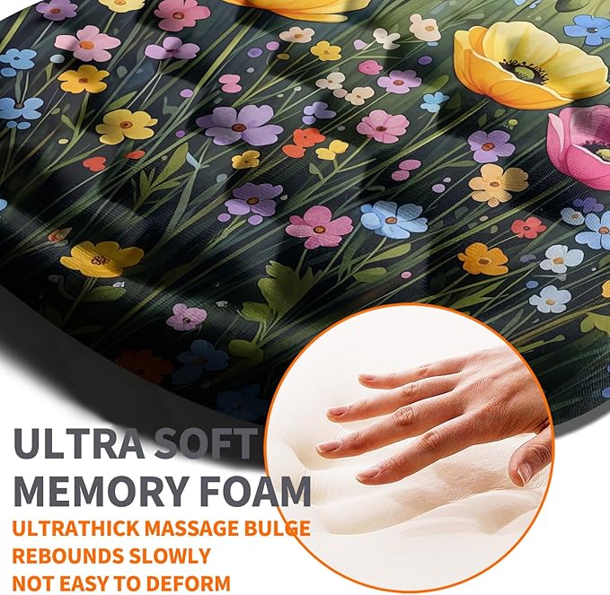 Ergonomic Joint Wrist Support Mouse Pad with Memory Foam Cushion Massage Bump Carpal Tunnel Pain Relief Mousepad Slope Design for Wrist Rest 11.8x7.9 in Wild Flower