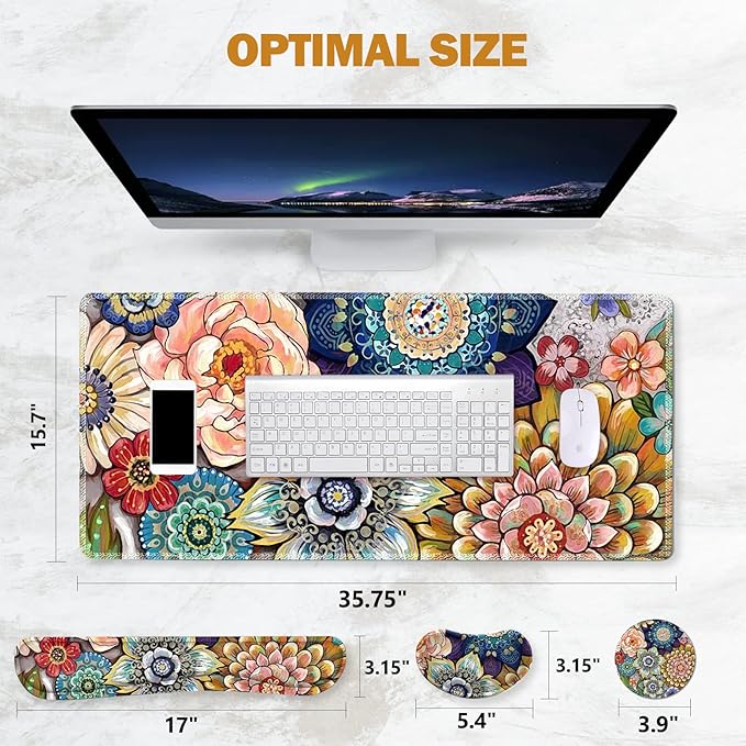 ToLuLu Extended Gaming Mouse Pad Memory Foam Ergonomic Keyboard Mouse Wrist Rest Support Set Large Desk Mat with Stitched Edges Non-Slip Base Mousepad for Home Office Game Colorful Flower