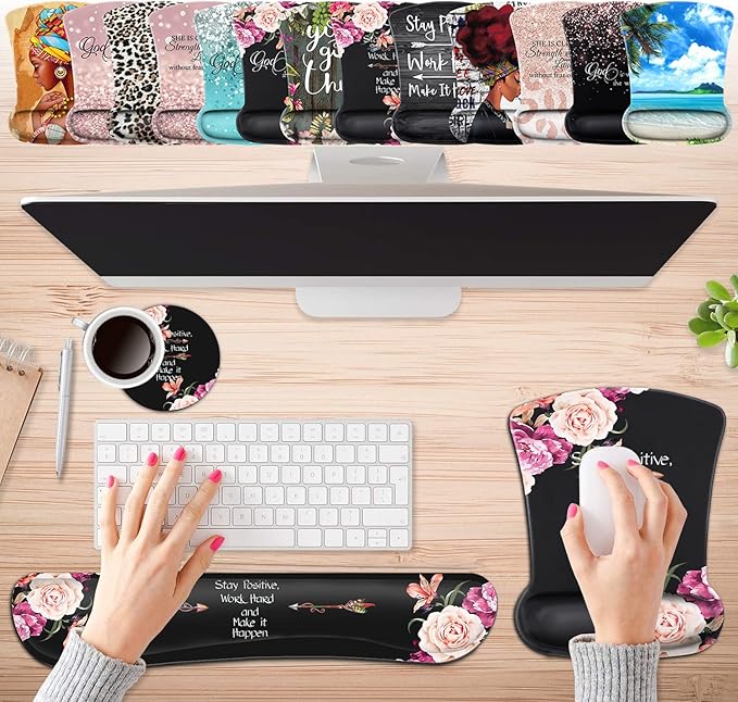 Keyboard Wrist Rest Pad and Ergonomic Mouse Pad Wrist Support Set Peony Flower Stay Positive Work Hard and Make It Happen for Gaming Office Comfortable and Pain Relief with Coaster Set