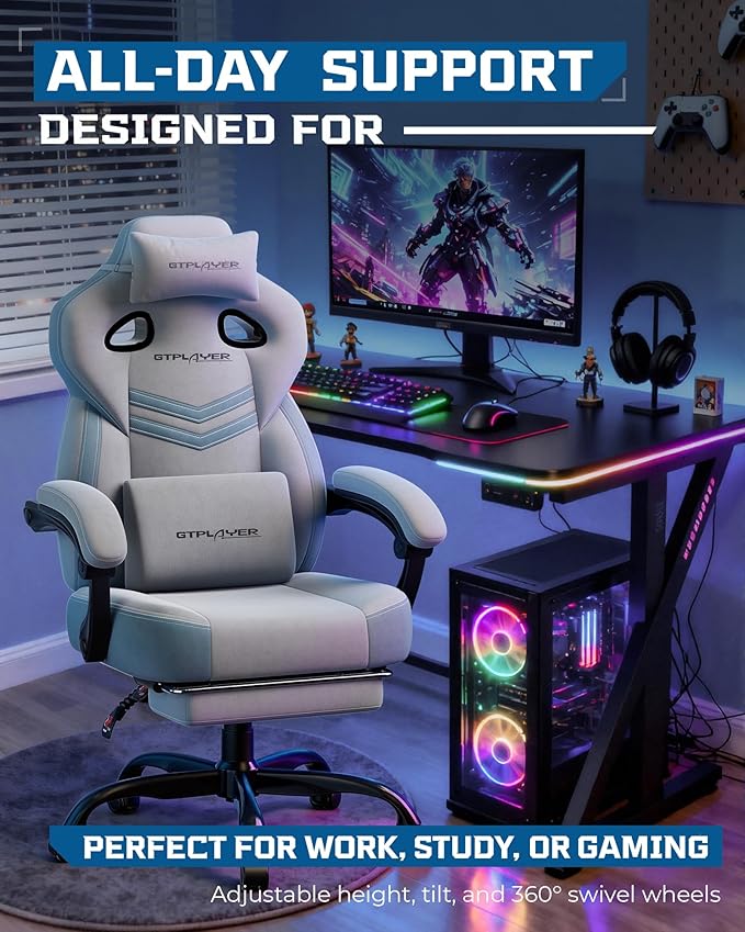 GTPLAYER Gaming Chair Computer Chair with Footrest and Lumbar Support for Adults 360°-Swivel Big &amp Tall Reclining Seat for Office or Gaming (Grey)
