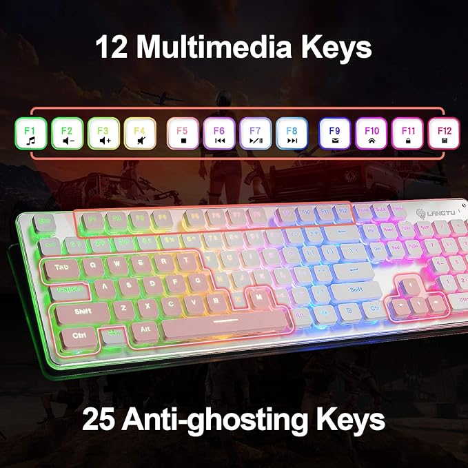 LANGTU Membrane Gaming Keyboard Rainbow LED Backlit Quiet Keyboard for Office USB Wired All-Metal Panel 25 Keys Anti-ghosting Computer Keyboard 104 Keys - L1 White/Silver
